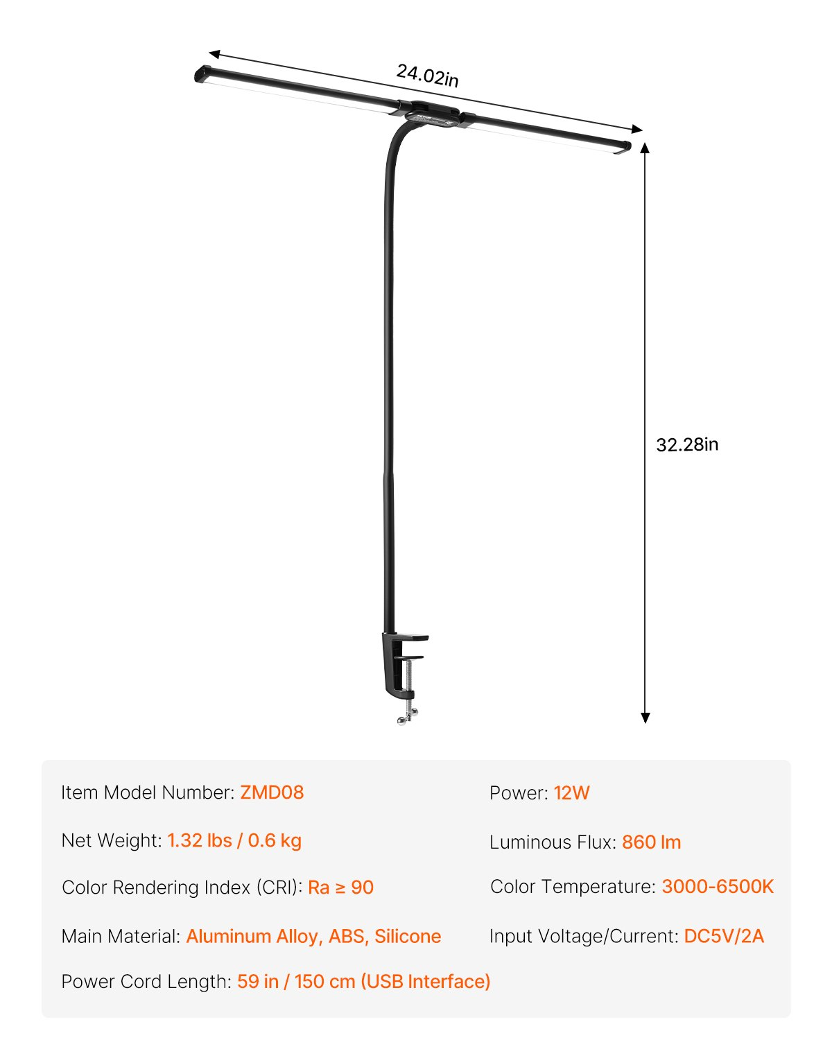 Dual-head LED clamp desk lamp, view 6