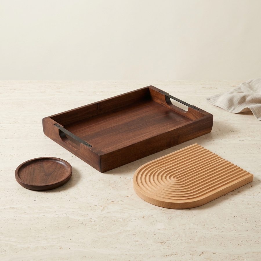 Wooden Trays collection cover featuring contrasting wood finishes