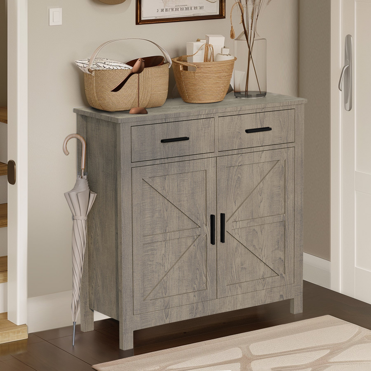 Farmhouse buffet cabinet with drawers, view 1