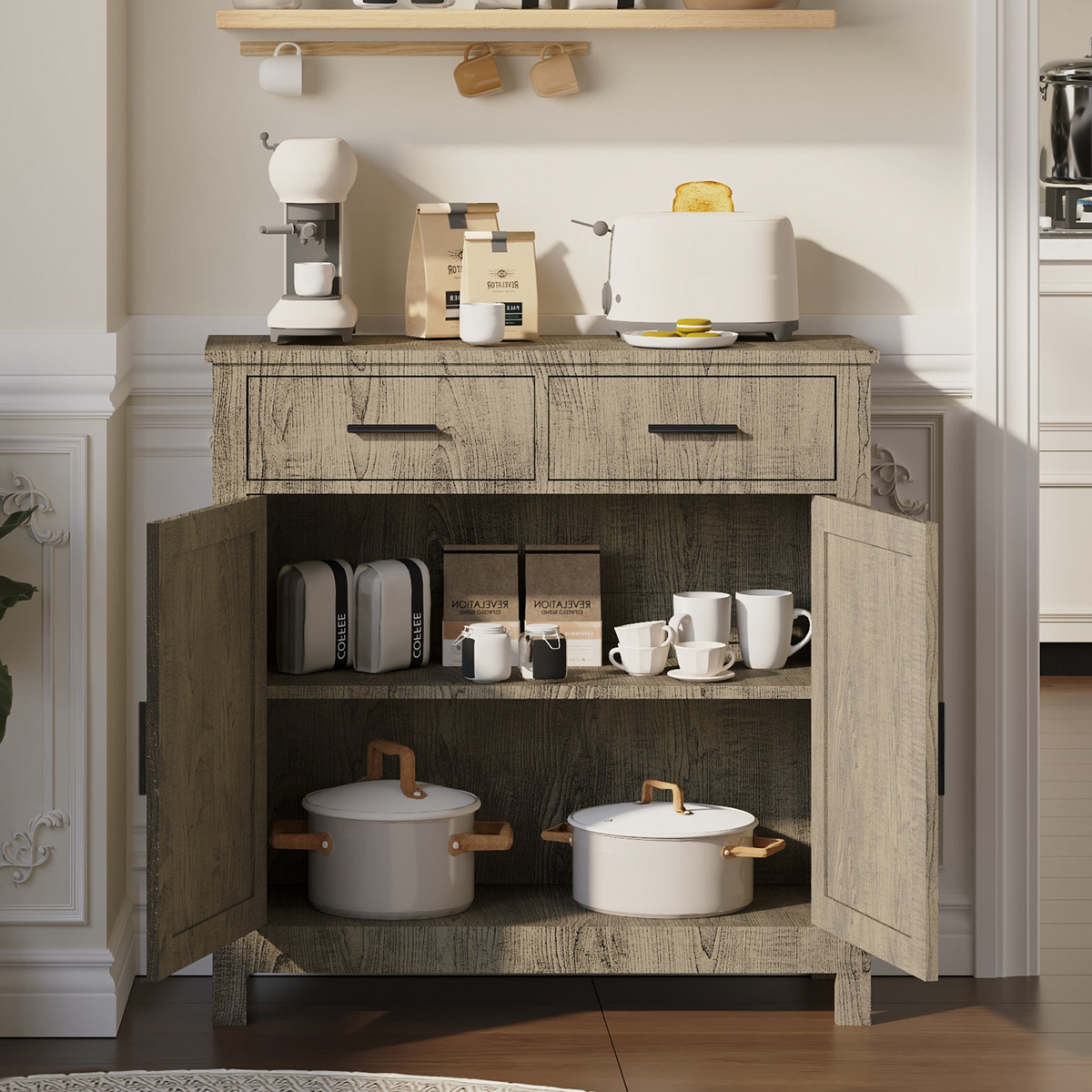 Farmhouse buffet cabinet with drawers, view 3
