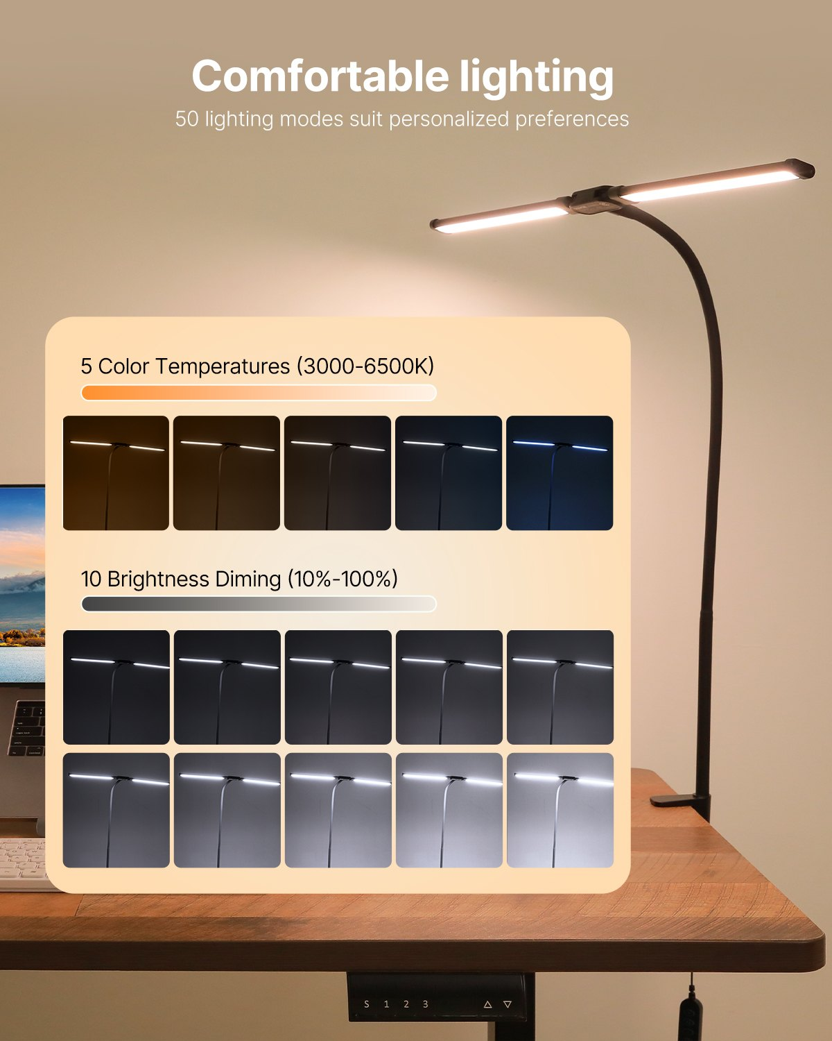 Dual-head LED clamp desk lamp, view 3