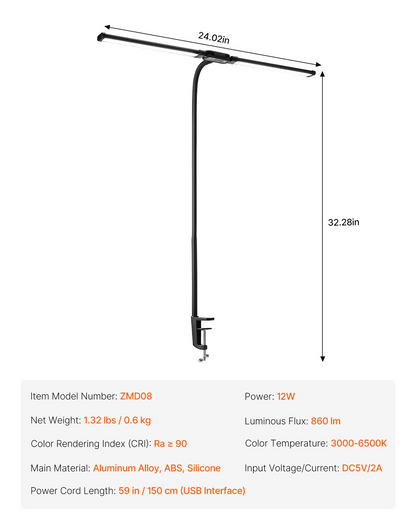 Dual-head LED clamp desk lamp, view 6