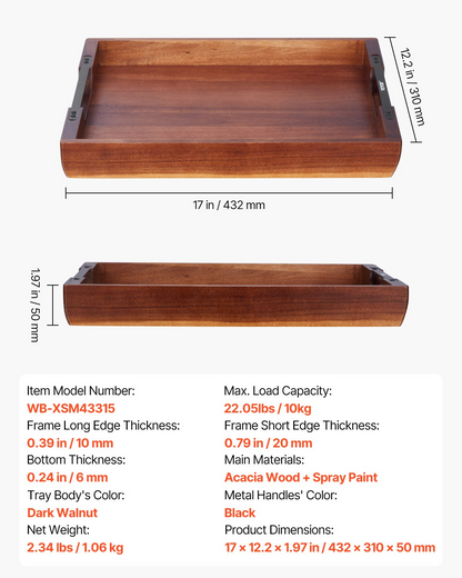 Acacia serving tray with black handles, view 6