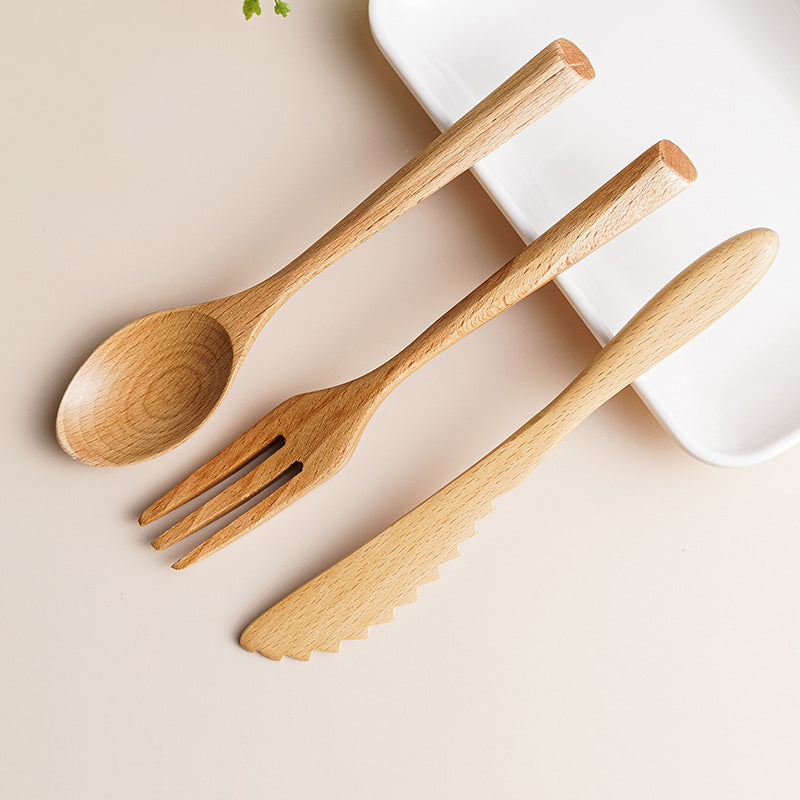Creative Wooden Tableware, Beech Wood Knife, Fork, Spoon, Three Piece Set Of Solid Wood Natural Color Small Wooden Knife Set