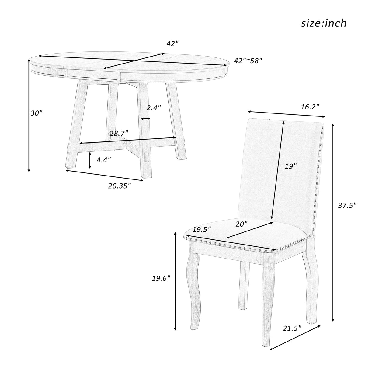 TREXM 5-Piece Farmhouse Dining Table Set Wood Round Extendable Dining Table and 4 Upholstered Dining Chairs (Natural Wood Wash)