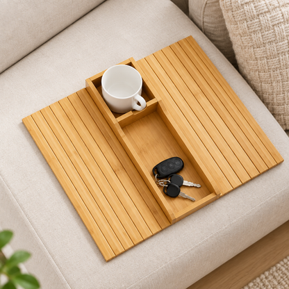 Bamboo slatted sofa tray with cup and keys