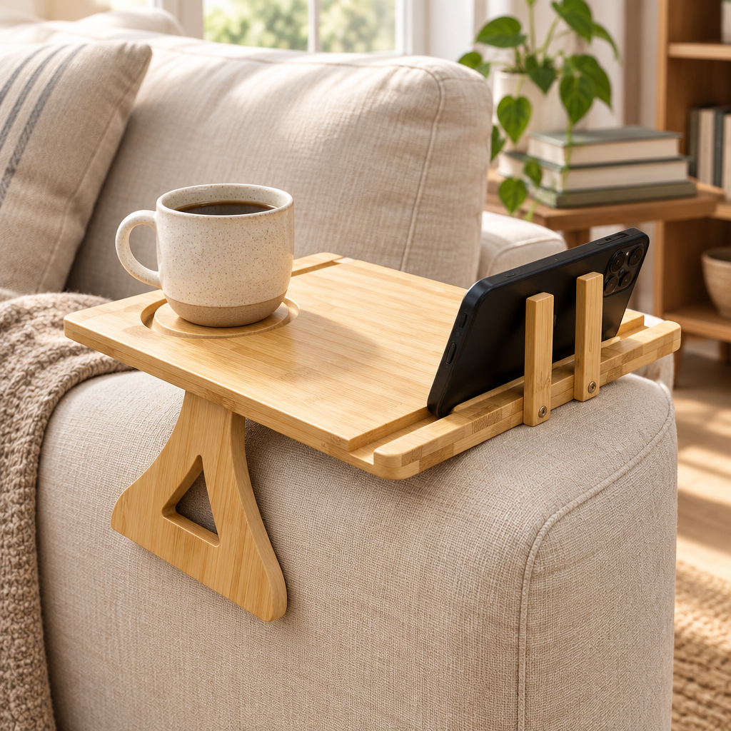Bamboo sofa-arm tray on cream sofa with cup and phone holder
