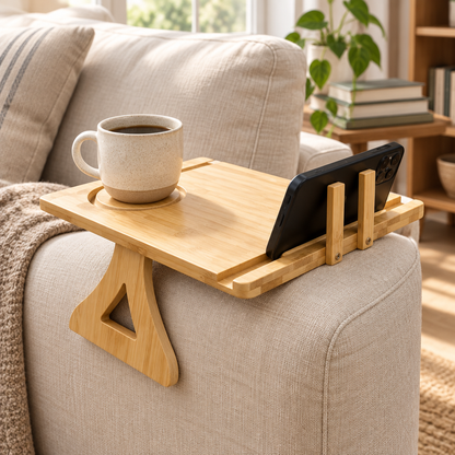 Bamboo sofa-arm tray on cream sofa with cup and phone holder