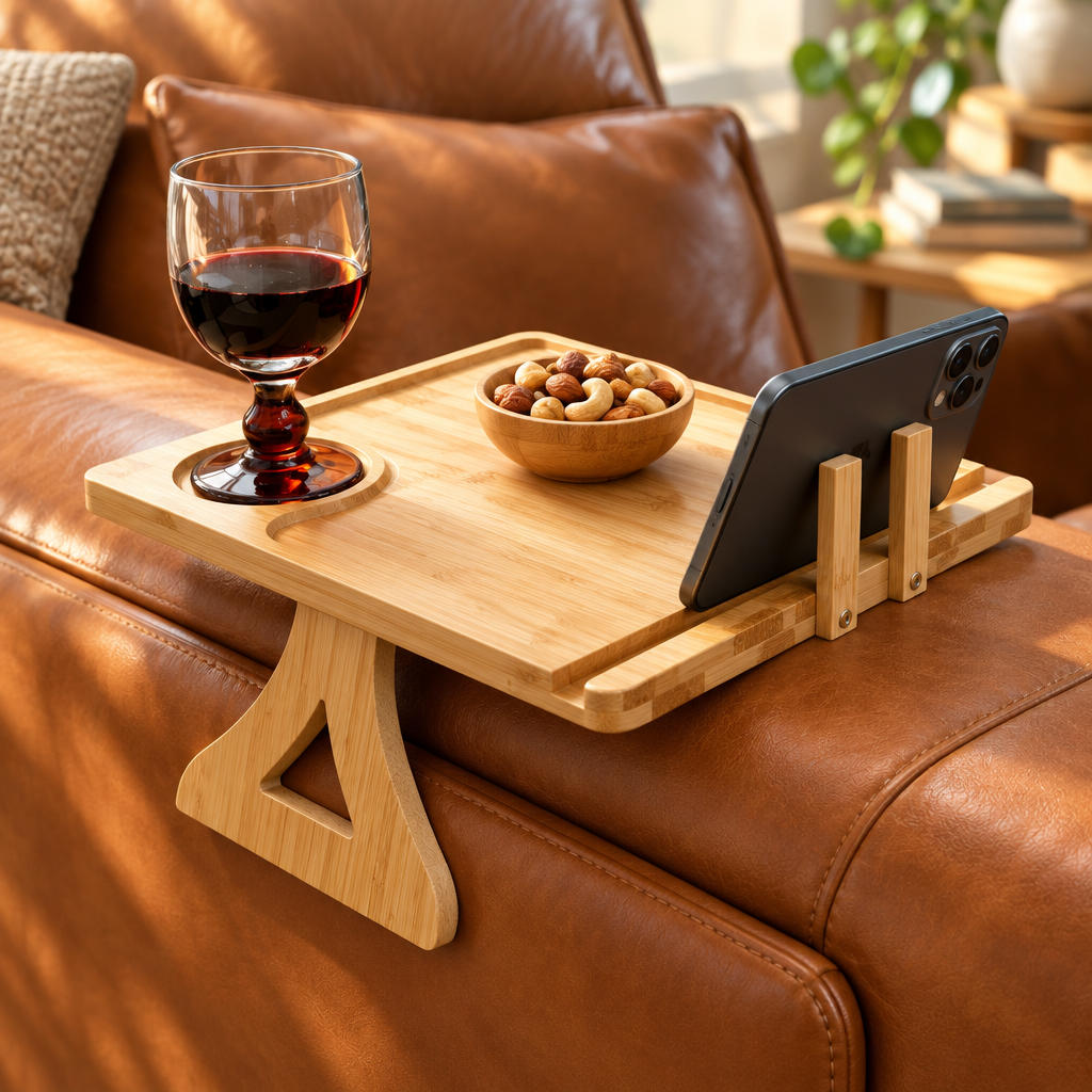 Bamboo sofa-arm tray on leather sofa