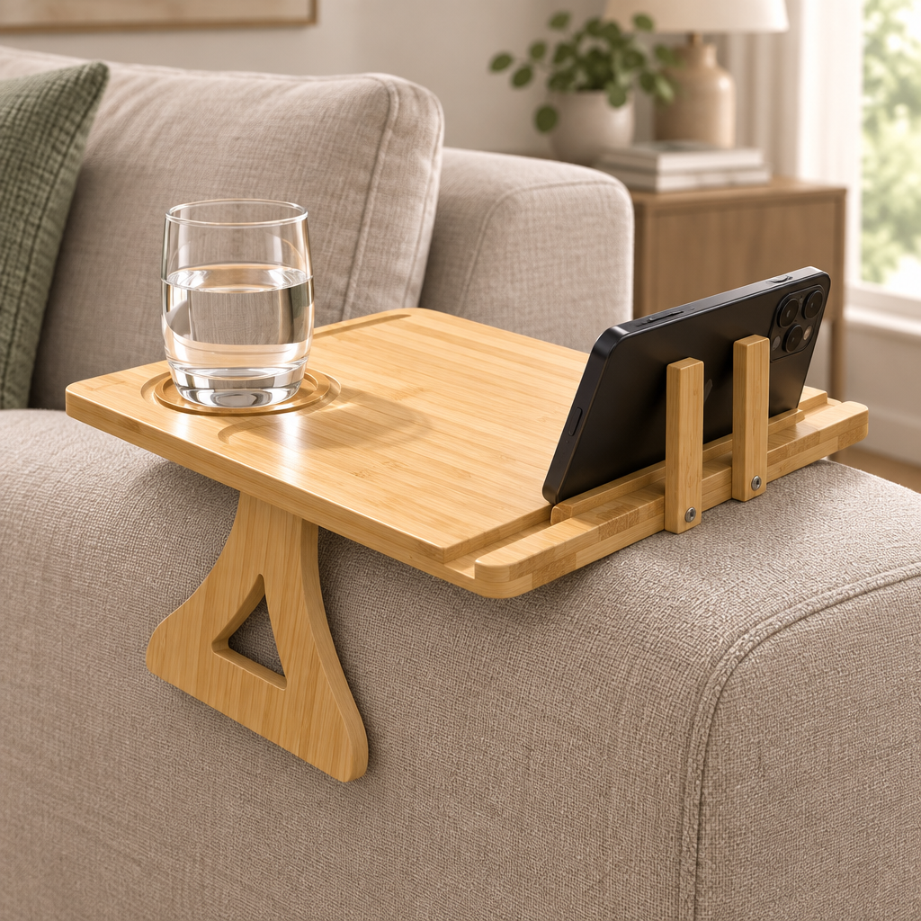 Bamboo sofa-arm tray with folding support and phone holder