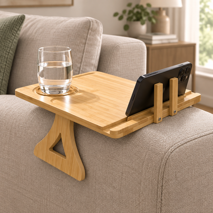 Bamboo sofa-arm tray with folding support and phone holder
