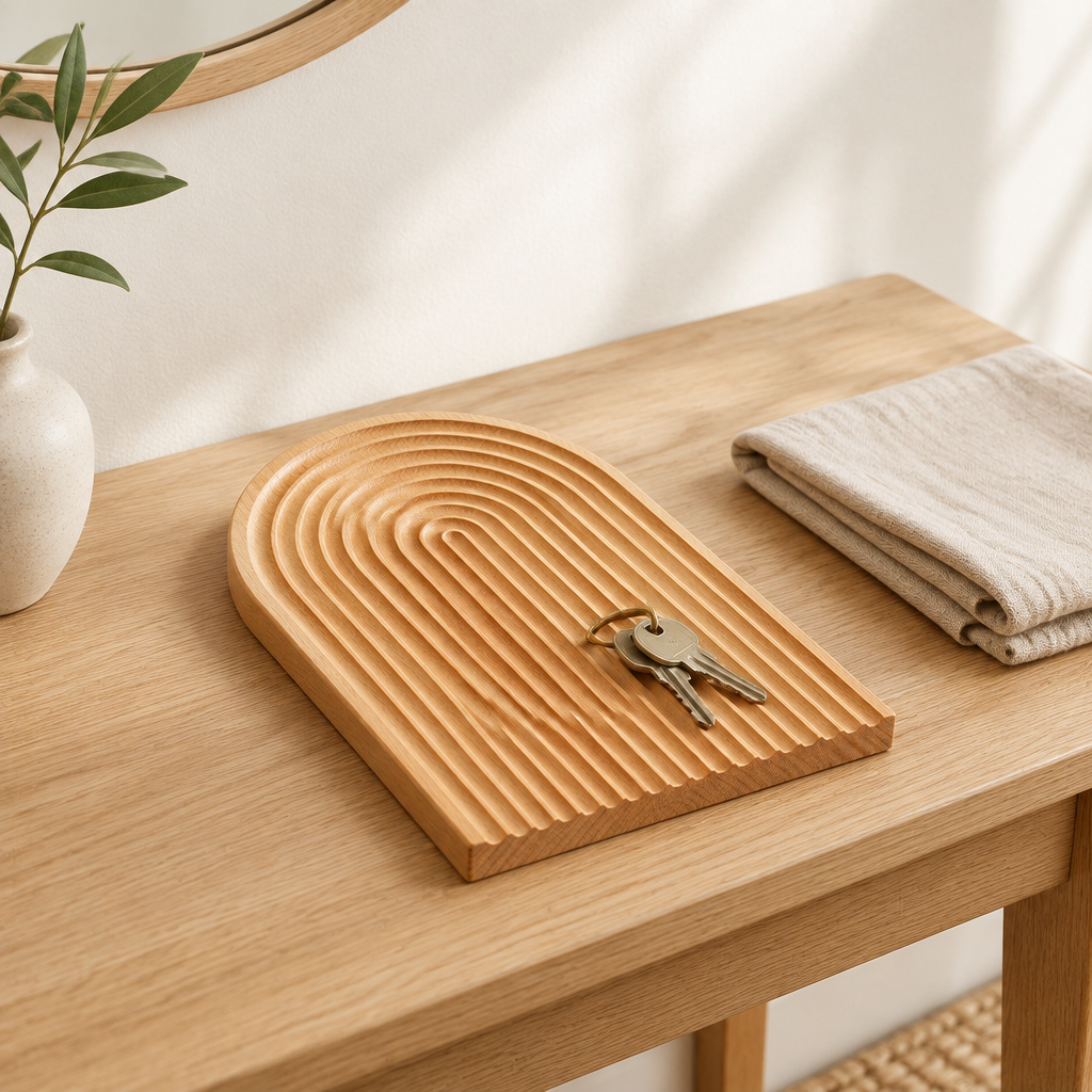 Beech wood tray holding keys in a minimal entryway