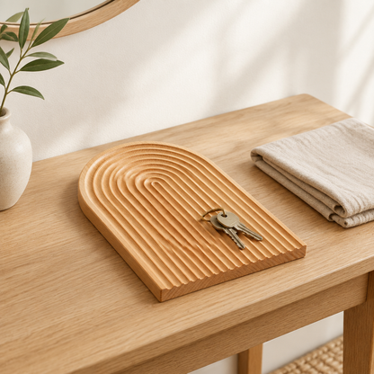 Beech wood tray holding keys in a minimal entryway