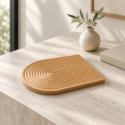 Beech wood tray styled on a modern console