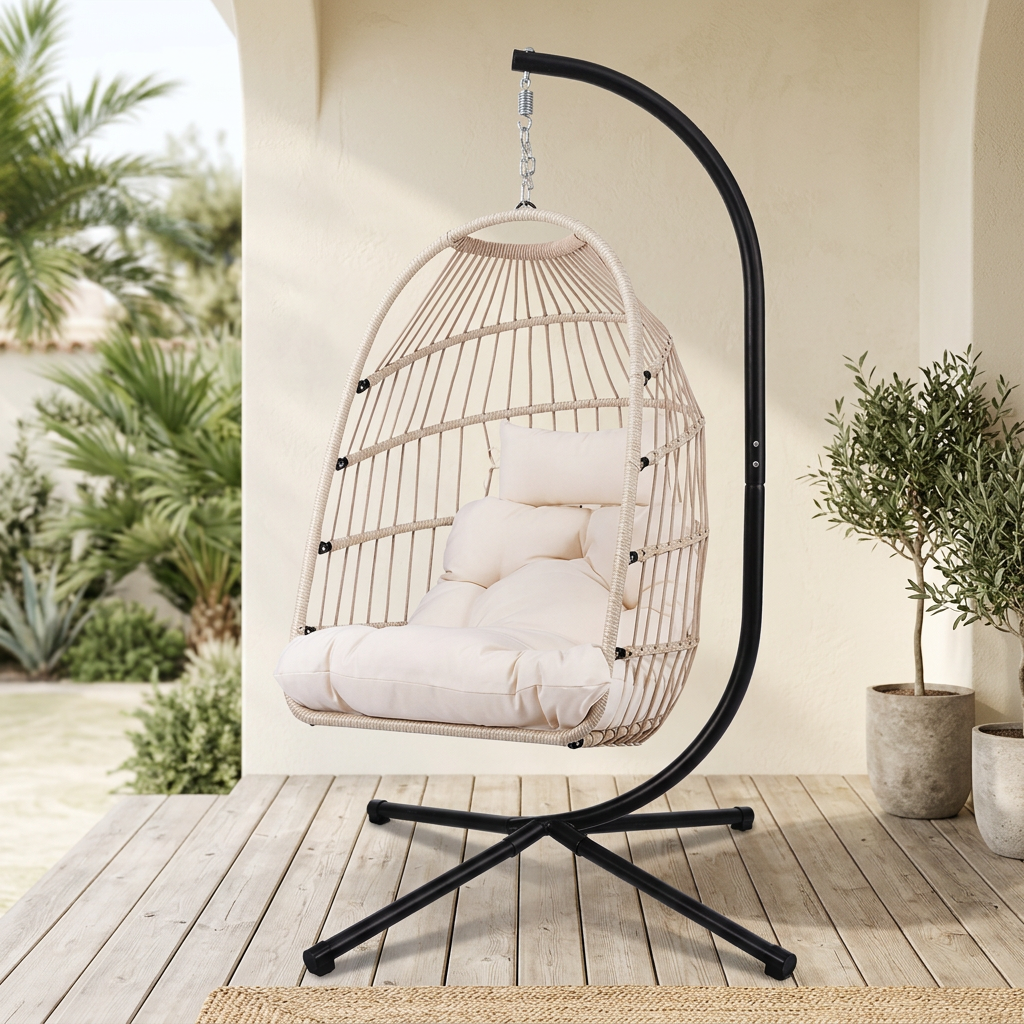Beige hanging egg chair on a covered porch