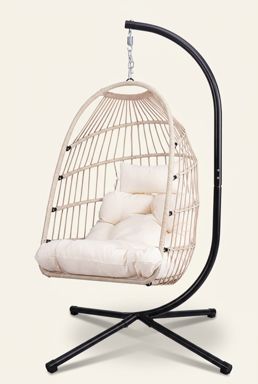 Beige hanging egg chair with stand