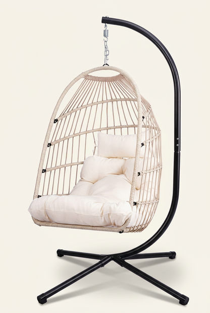 Beige hanging egg chair with stand