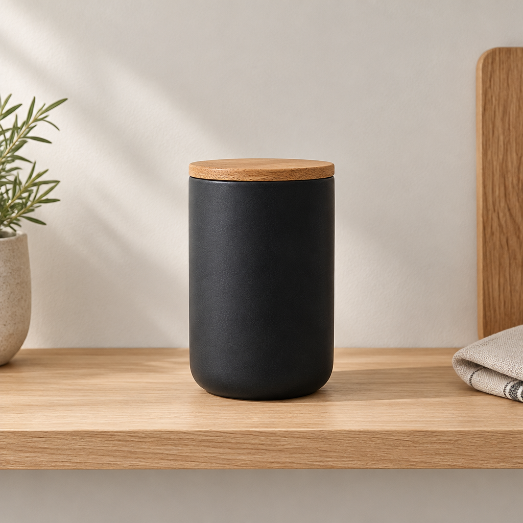 Black ceramic jar with wooden lid on a kitchen shelf
