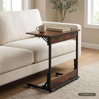 C-shaped side table styled beside an ivory sofa