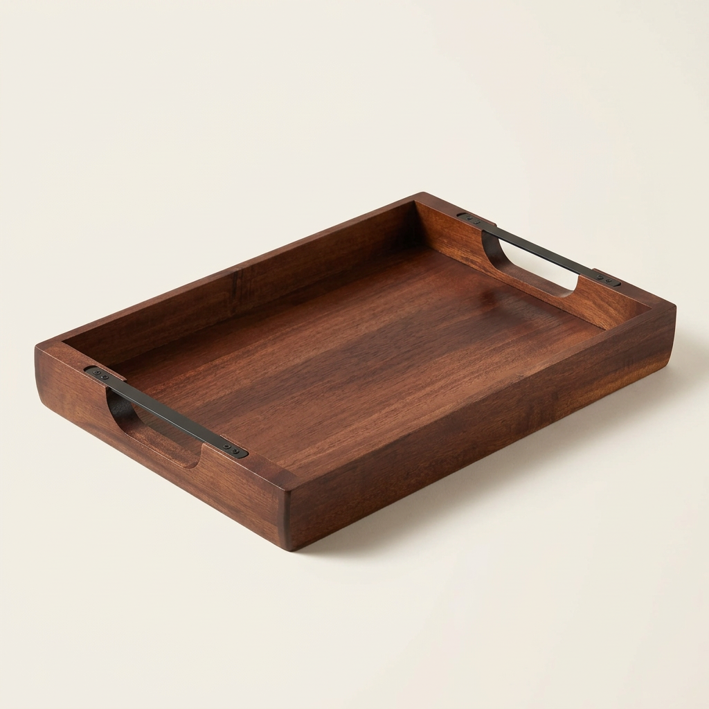 Dark walnut serving tray with black metal handles