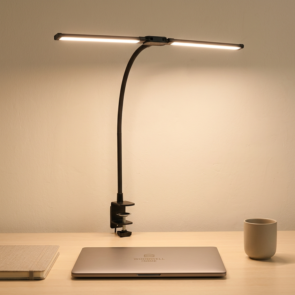 Dual-head clamp lamp illuminating a minimalist home office