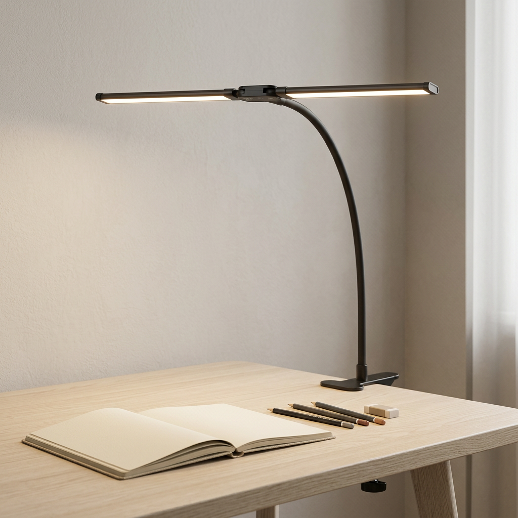 Dual-head clamp lamp styled above a sketchbook