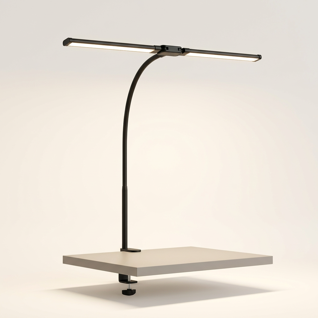 Dual-head LED clamp desk lamp on a neutral background