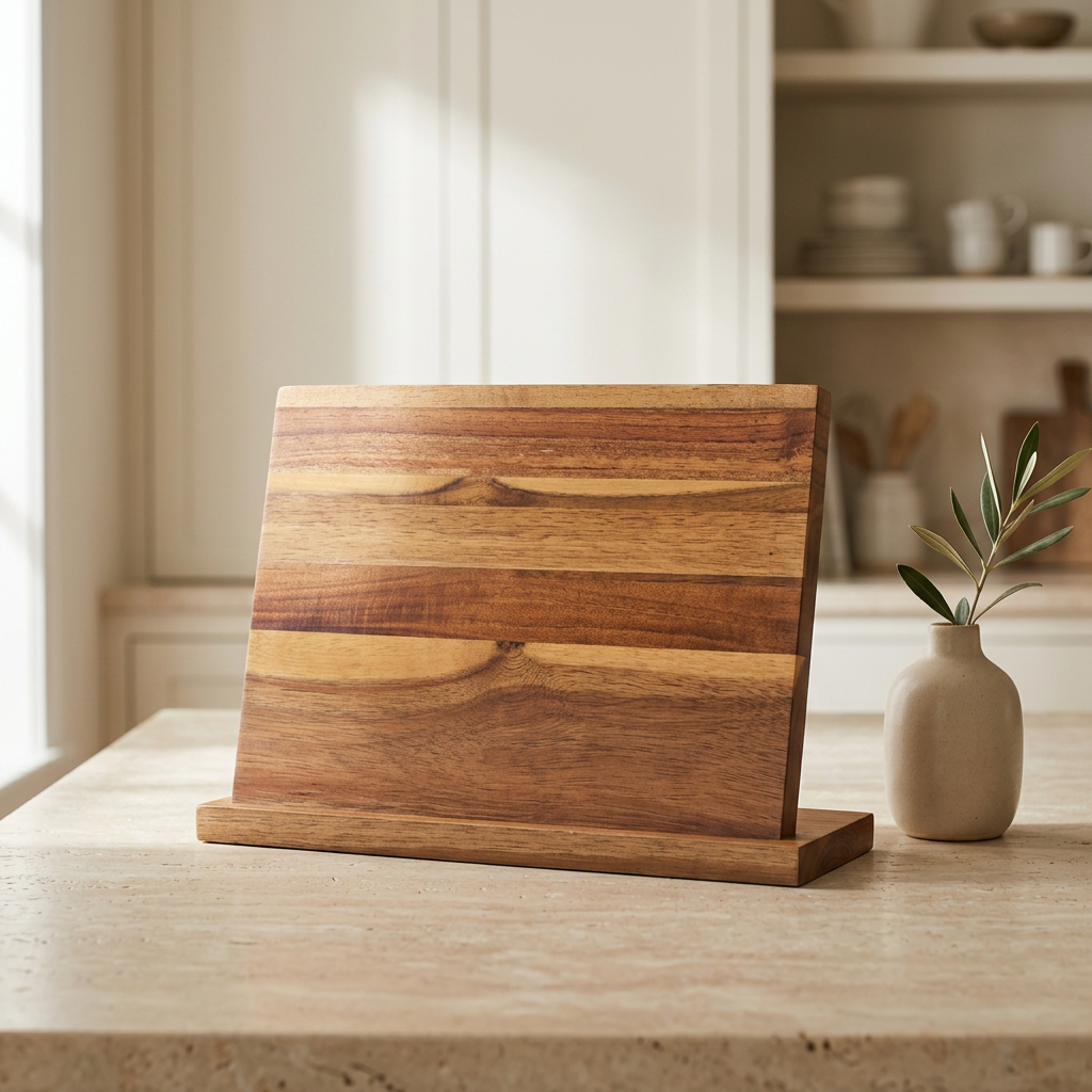 Empty magnetic knife holder beside a ceramic vase
