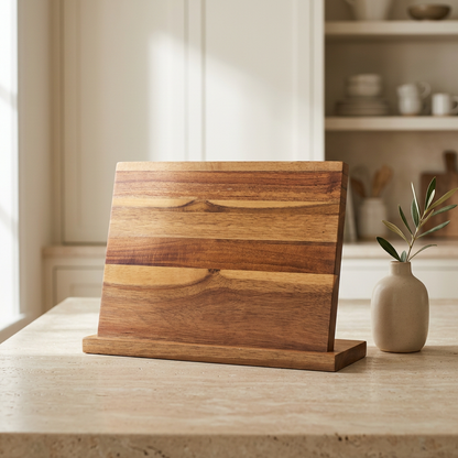 Empty magnetic knife holder beside a ceramic vase