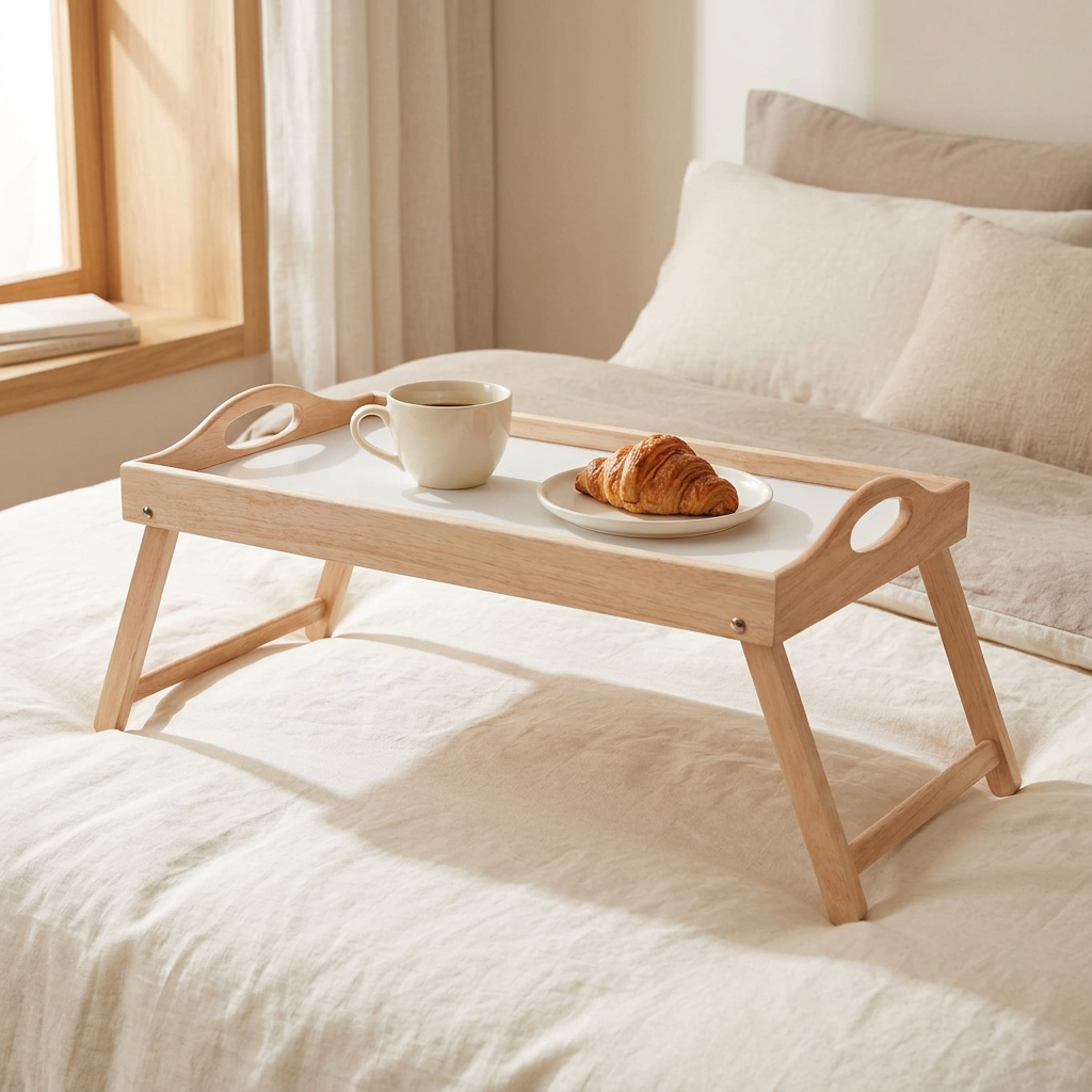 Folding breakfast tray styled on ivory linen bedding
