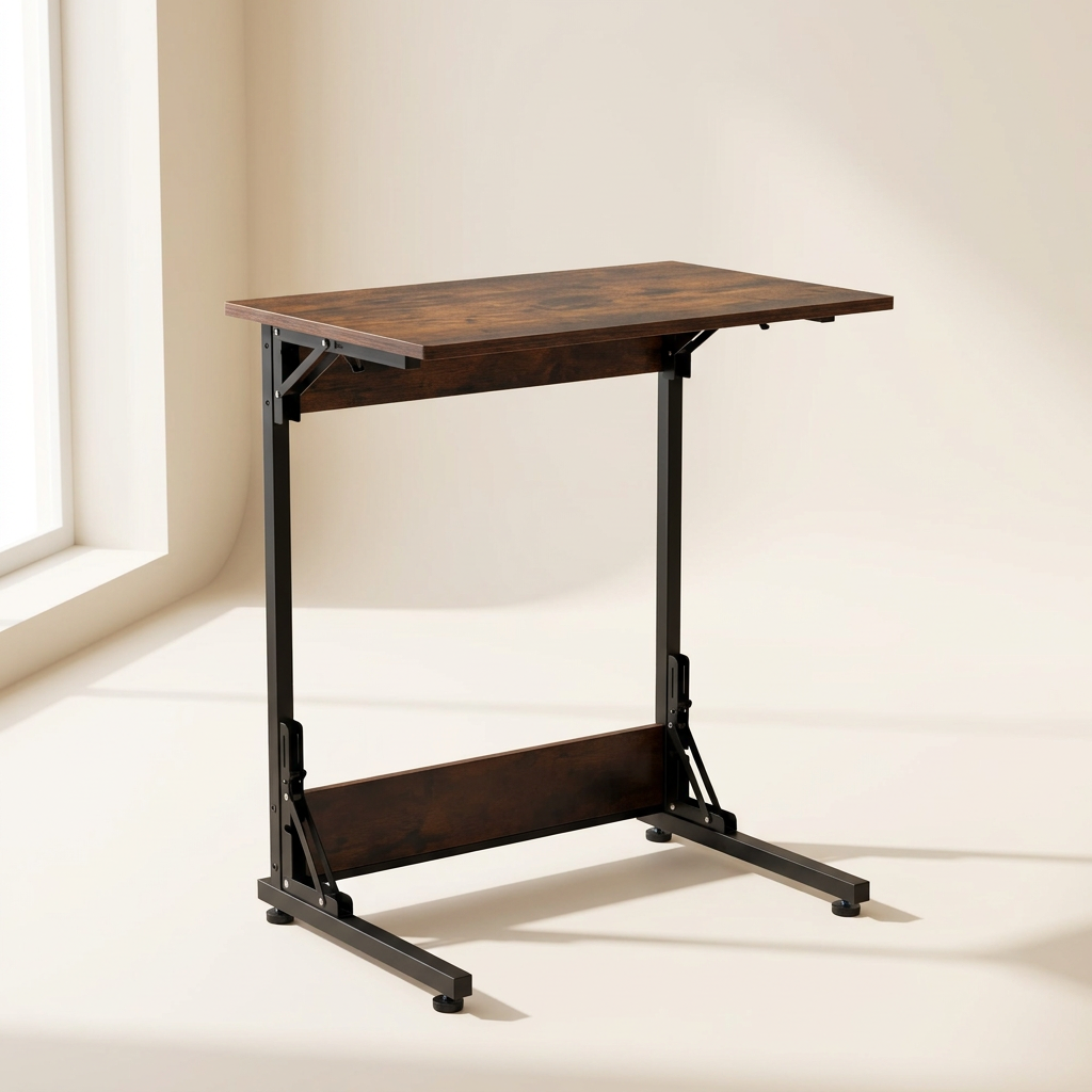 Folding C-shaped side table on a warm off-white background