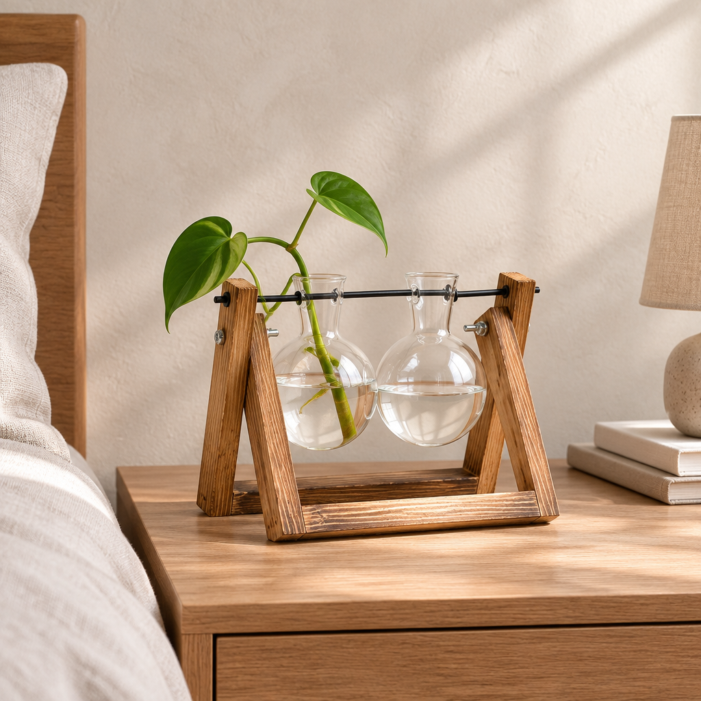 Glass propagation vase with a leafy cutting on a side table