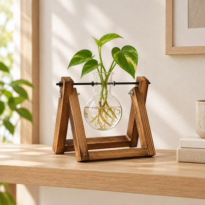 Glass propagation vase with a pothos cutting on a shelf