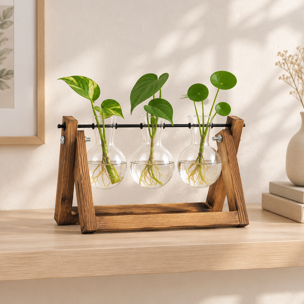 Log-style wooden stand with three glass plant vessels