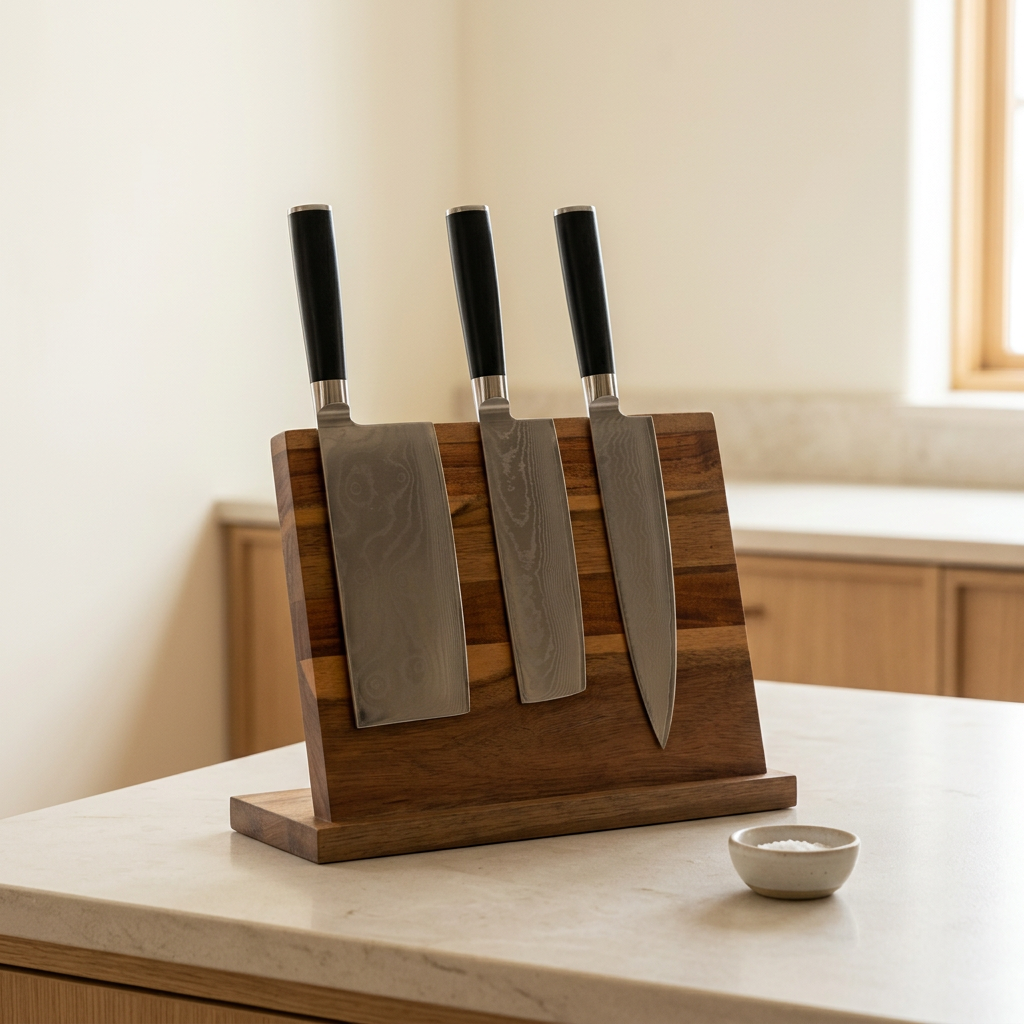 Magnetic knife holder styled with knives on a kitchen countertop