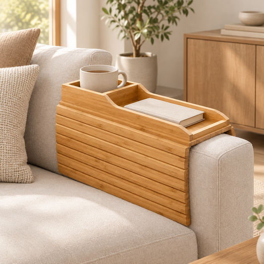 Pine sofa tray styled in a modern living room