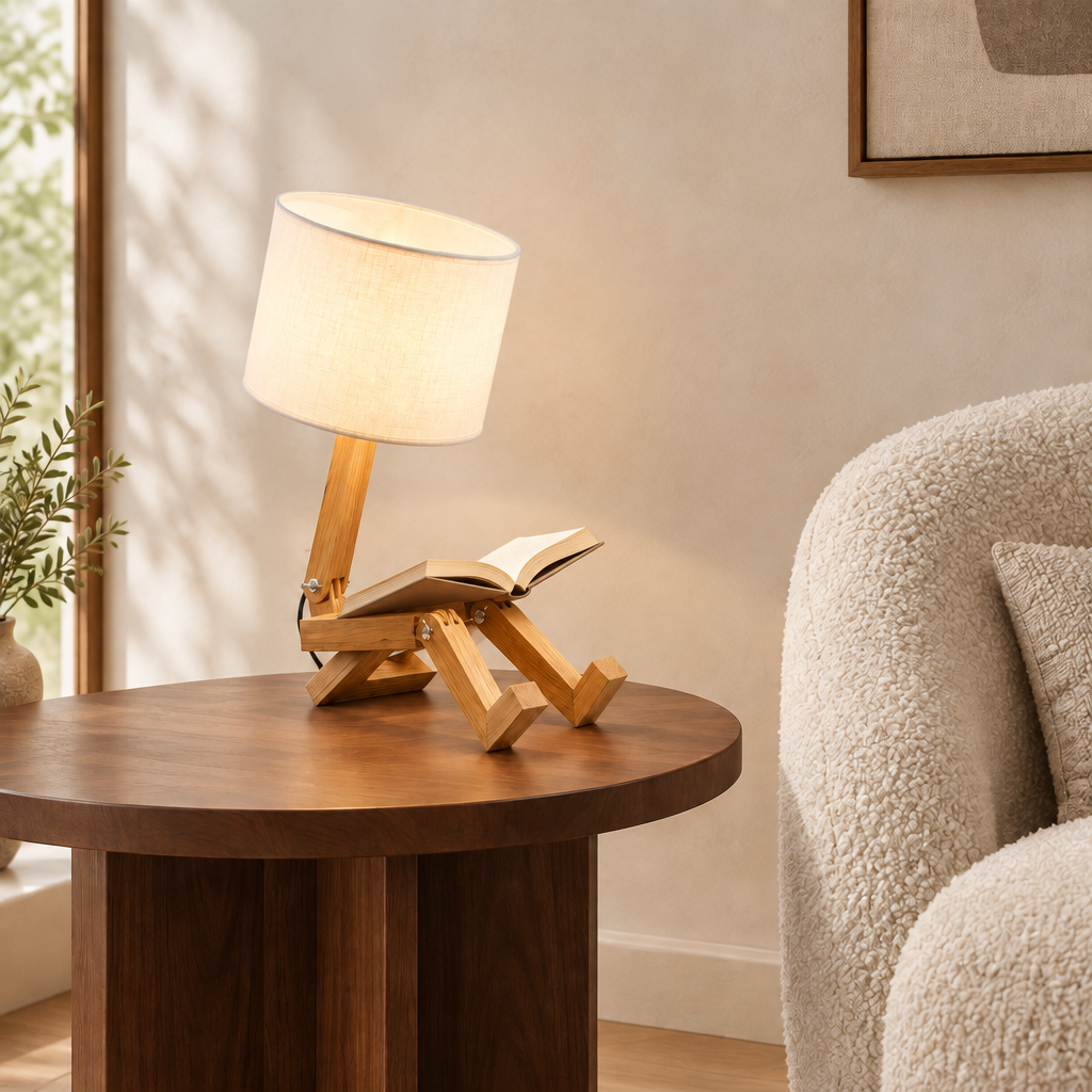 Reading-nook lamp holding an open book in its lap