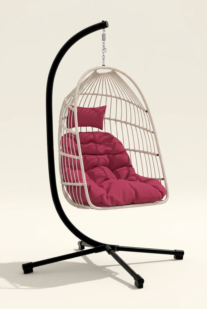 Rose Red hanging egg chair with stand