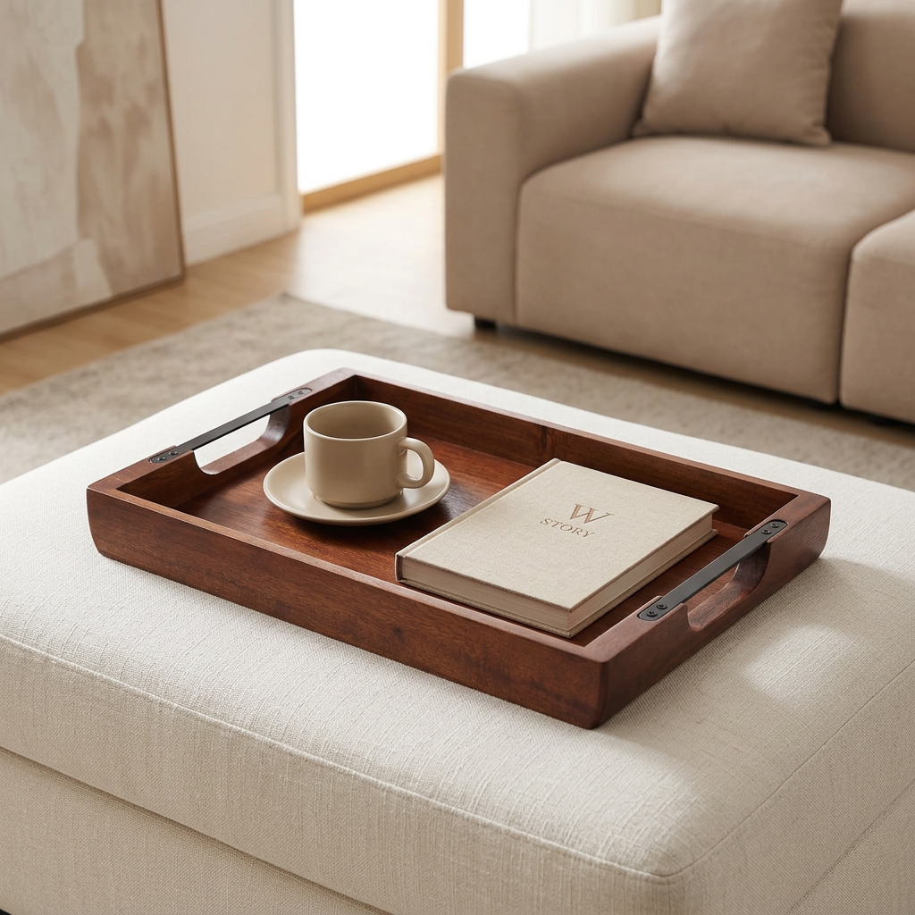 Serving tray styled on an ivory ottoman