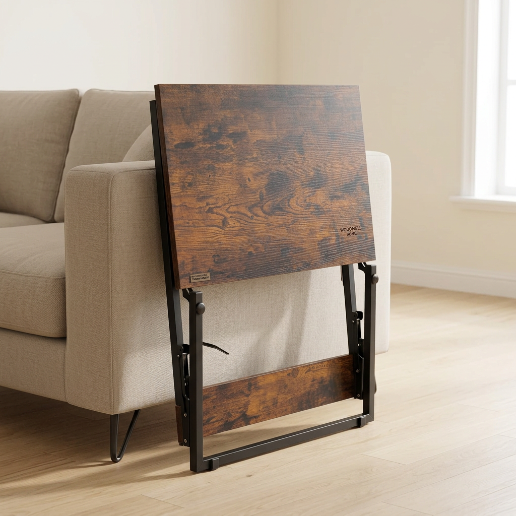 Side table folded flat beside a sofa