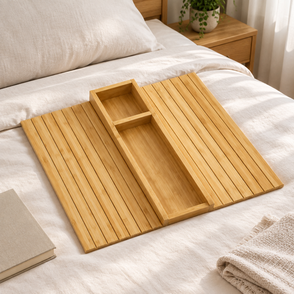 Slatted bamboo organizer tray on cream bedding