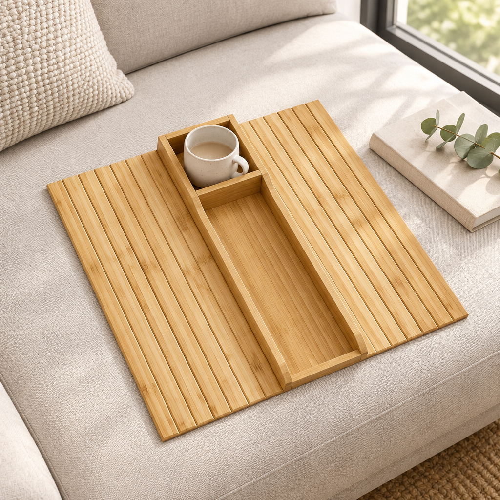 Slatted bamboo tray with cup in the compartment