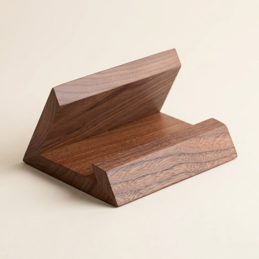 Walnut desktop stand on a warm off-white background