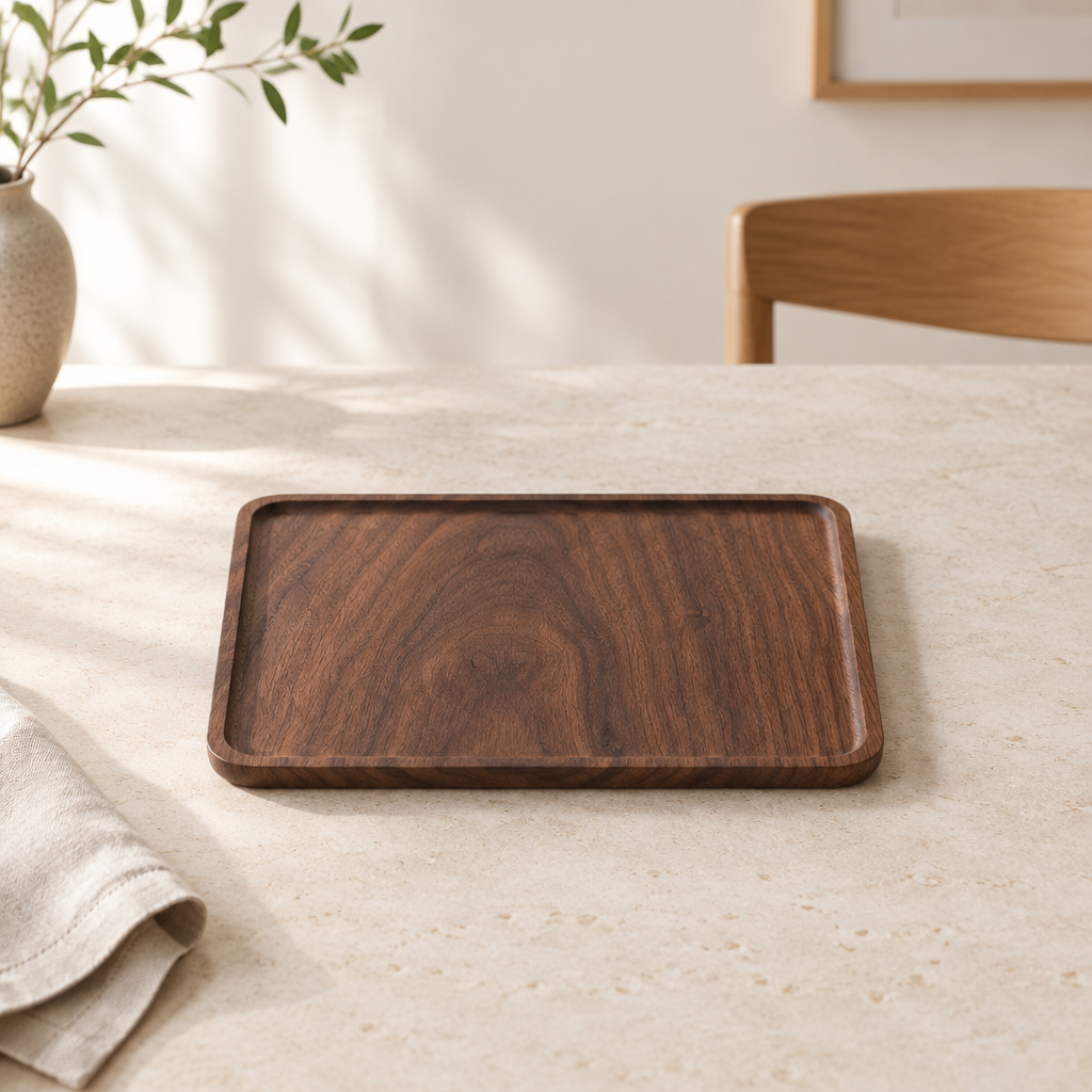 Walnut plate on a modern stone dining table