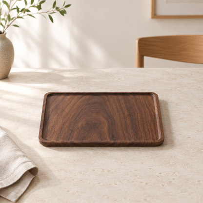Walnut plate on a modern stone dining table