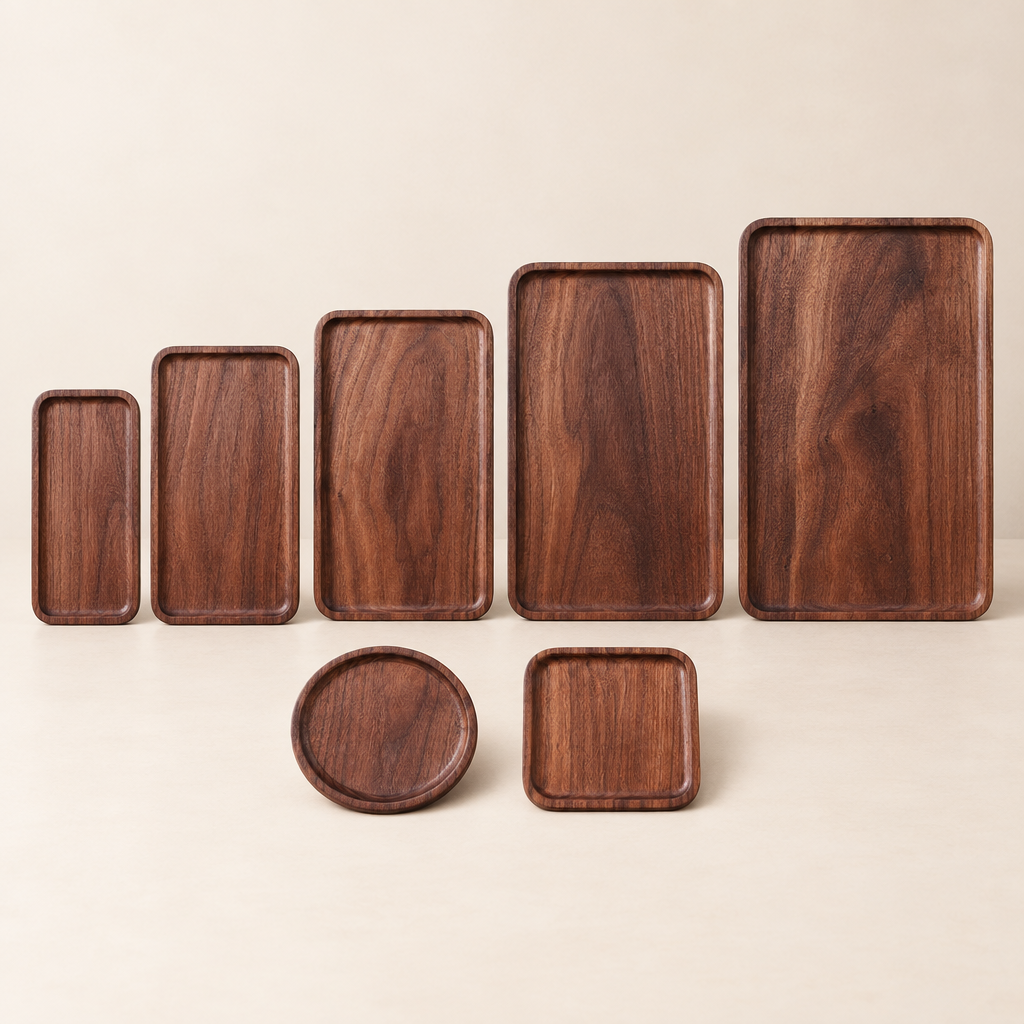 Walnut plate shapes and sizes displayed together