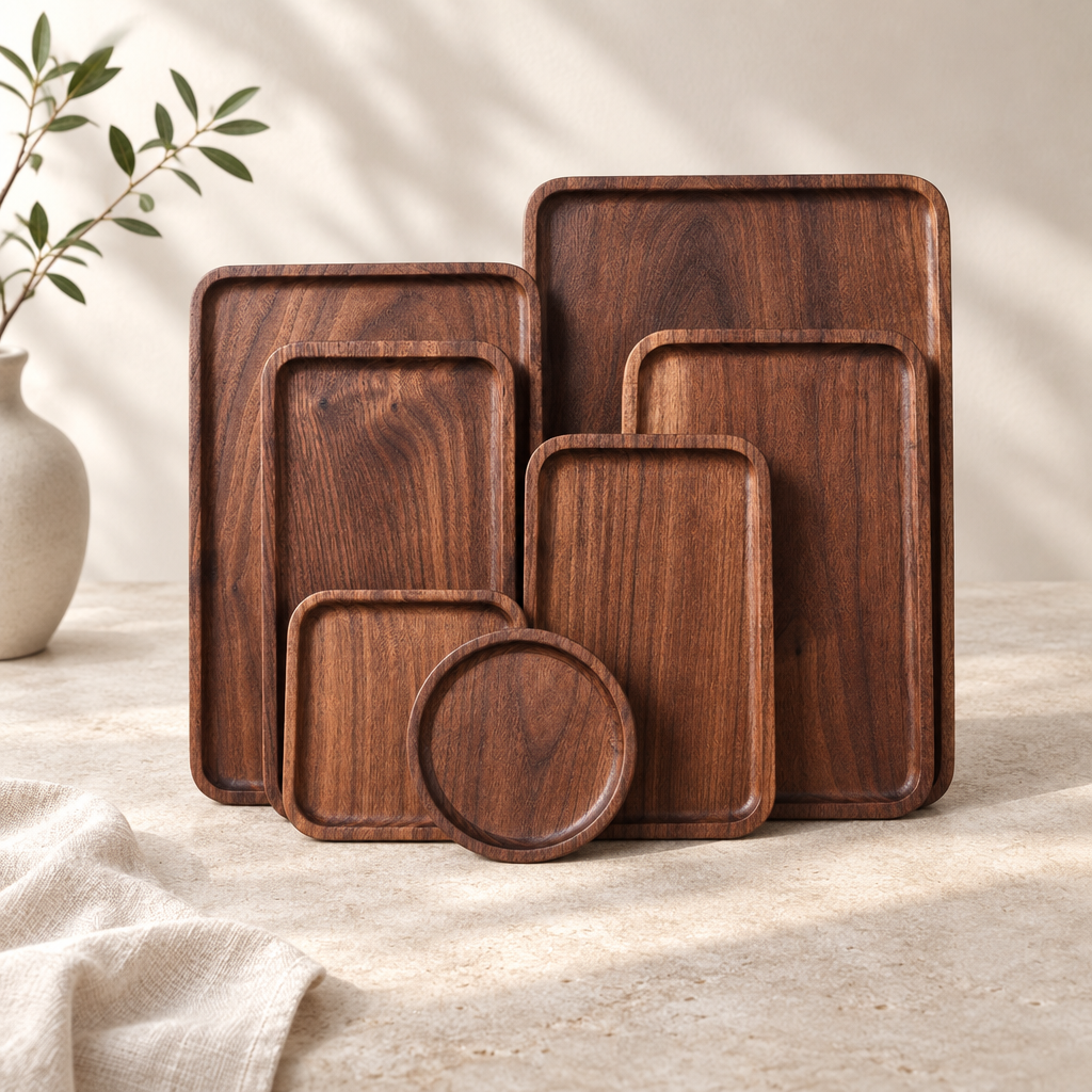 Walnut plates styled together as a coordinated collection