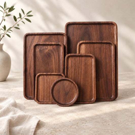 Walnut plates styled together as a coordinated collection