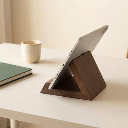 Walnut stand holding a tablet in a minimalist workspace