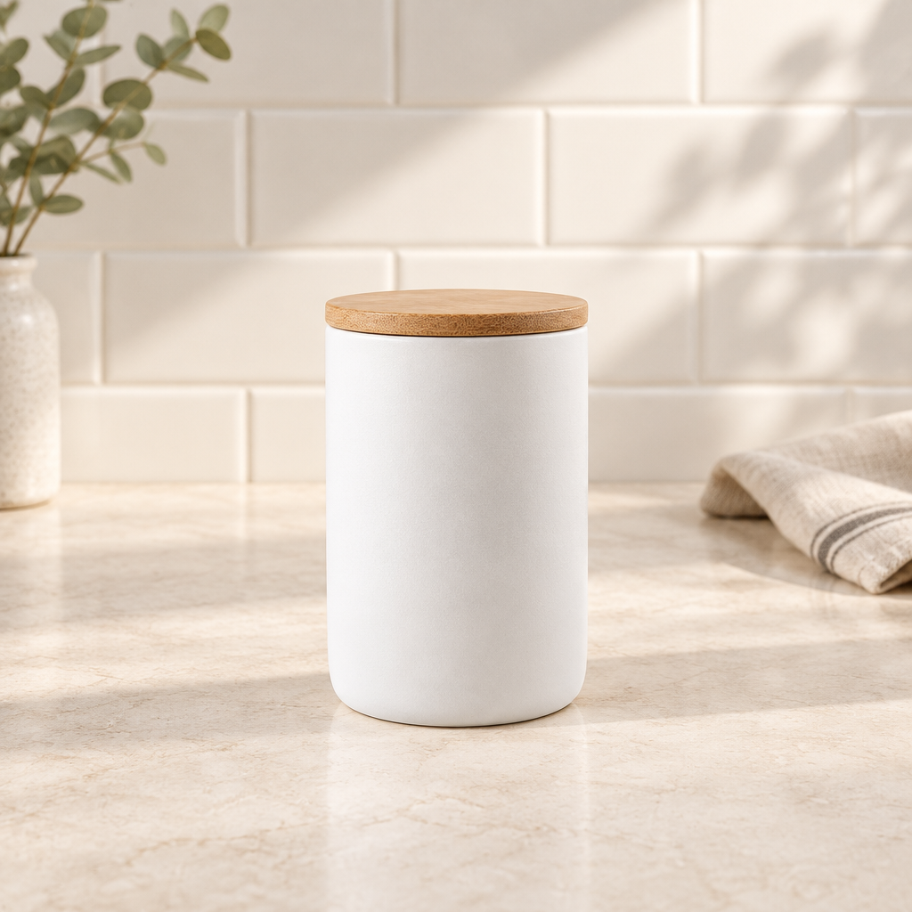 White ceramic jar with wooden lid in a modern kitchen
